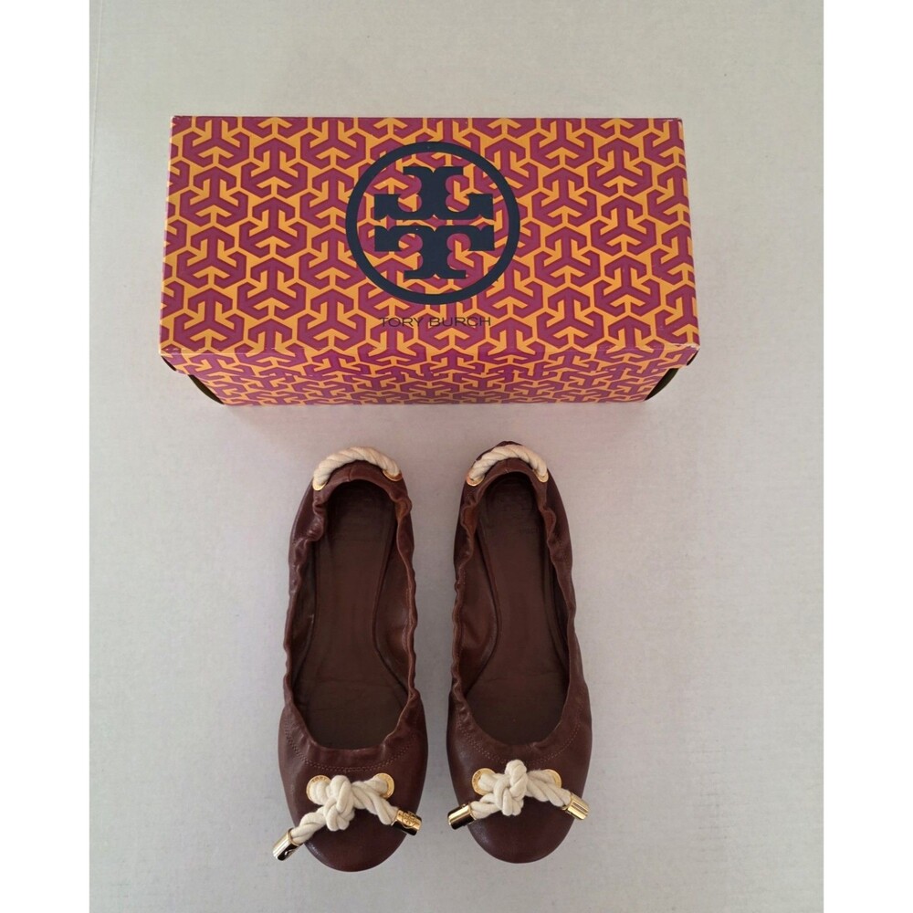 Tory Burch Leather Rope Bow Sterling Ballet Flats Brown Luggage 919 Sz 8 W Box